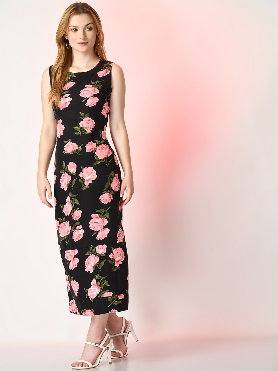 

DressBerry Black Floral Printed Sleeveless Sheath Midi Dress