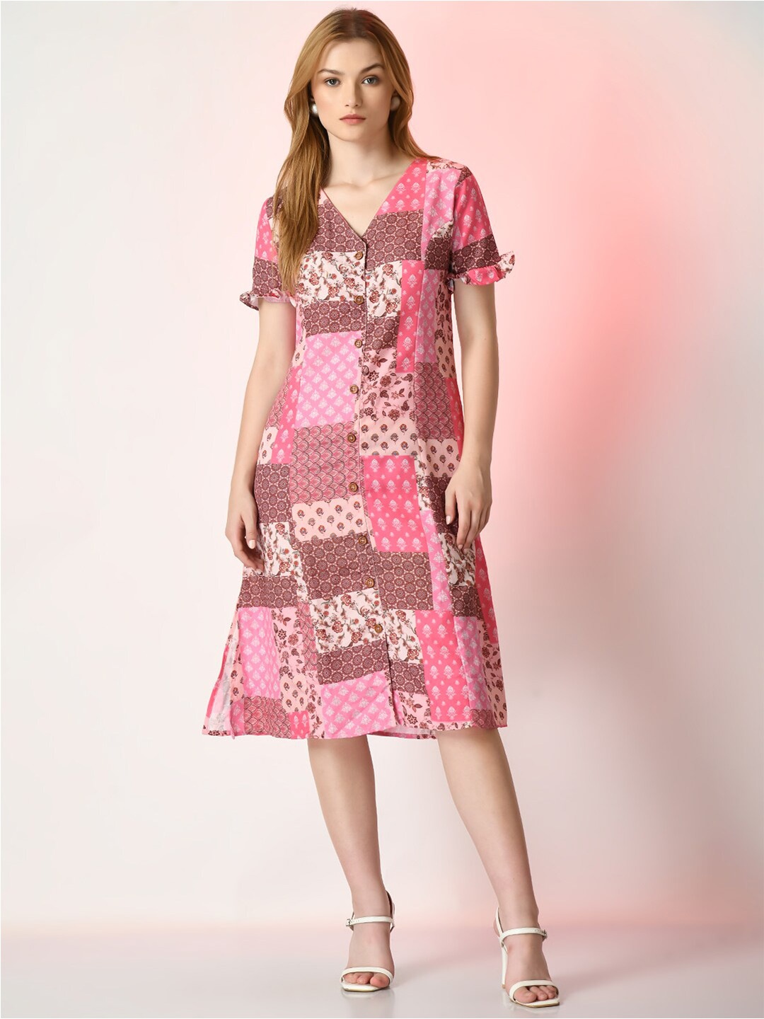

DressBerry Pink Abstract Printed V-Neck Linen A-Line Midi Dress