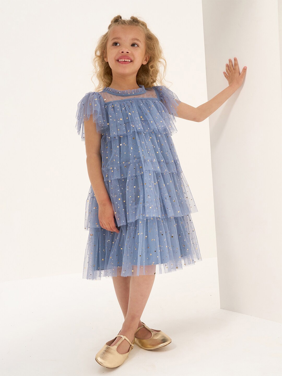 

Angel & Rocket Girls Self Design Round Neck Flutter Sleeves Layered A-Line Dress, Blue