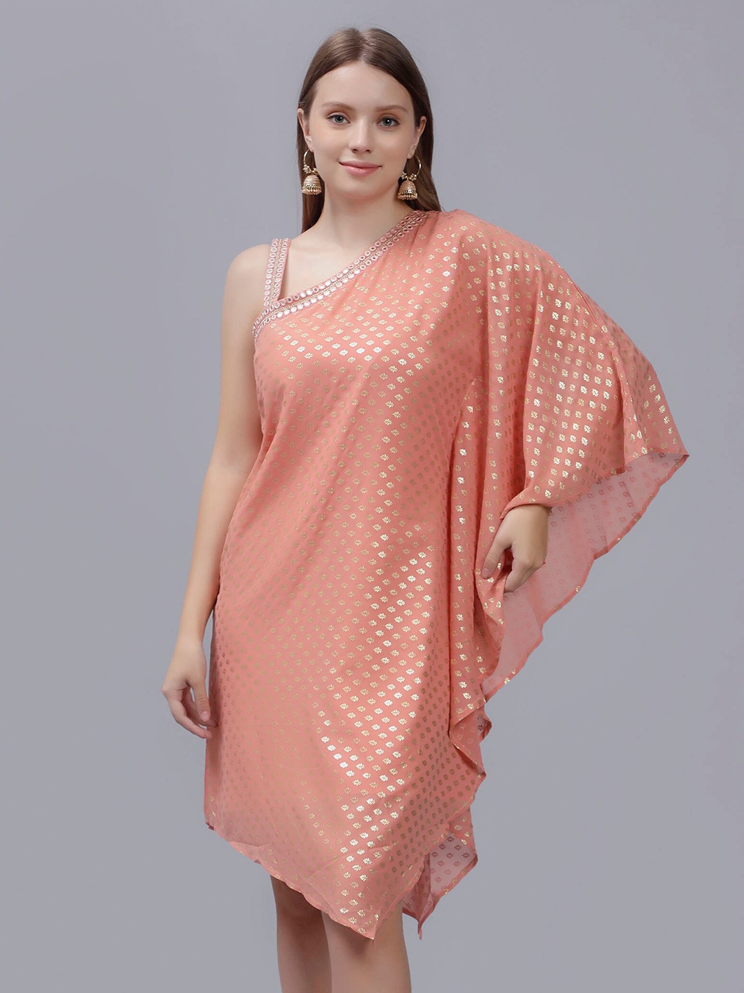 

ENTELLUS Ethnic Motif Foil Printed One Shoulder Fusion Kaftan Dress, Peach