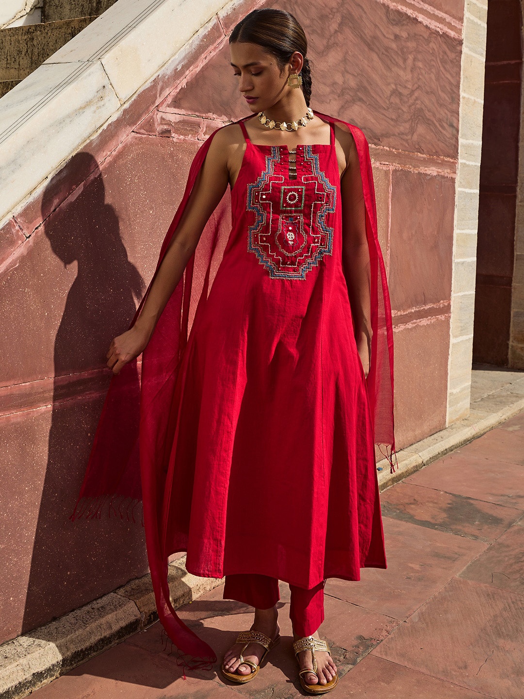 

OKHAI Geometric Embroidered Mirror and Beadwork Pure Cotton Kurta & Trousers With Dupatta, Red