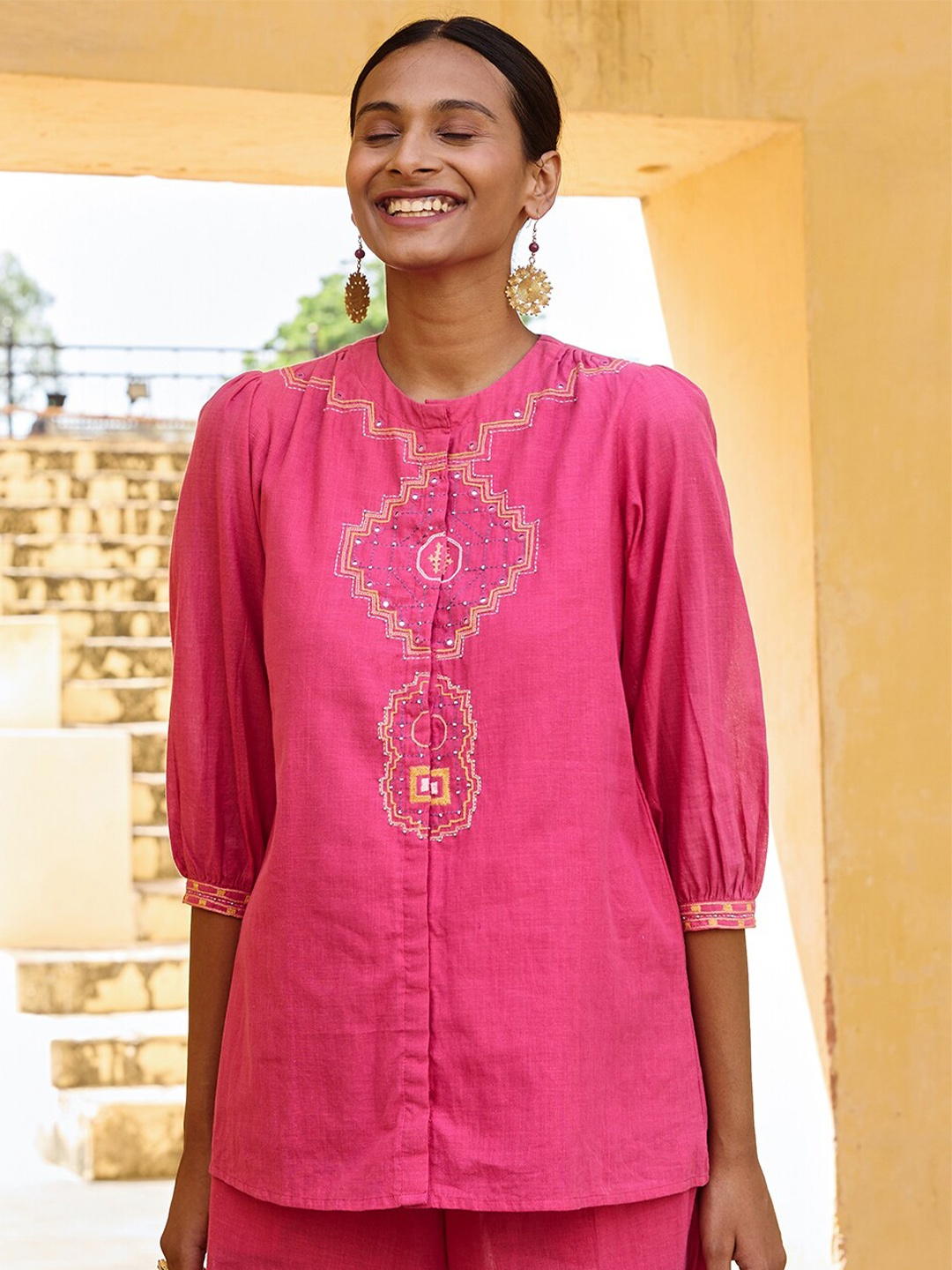 

OKHAI Ethnic Motifs Embroidered Sequinned Cotton Shirt Style Top, Pink