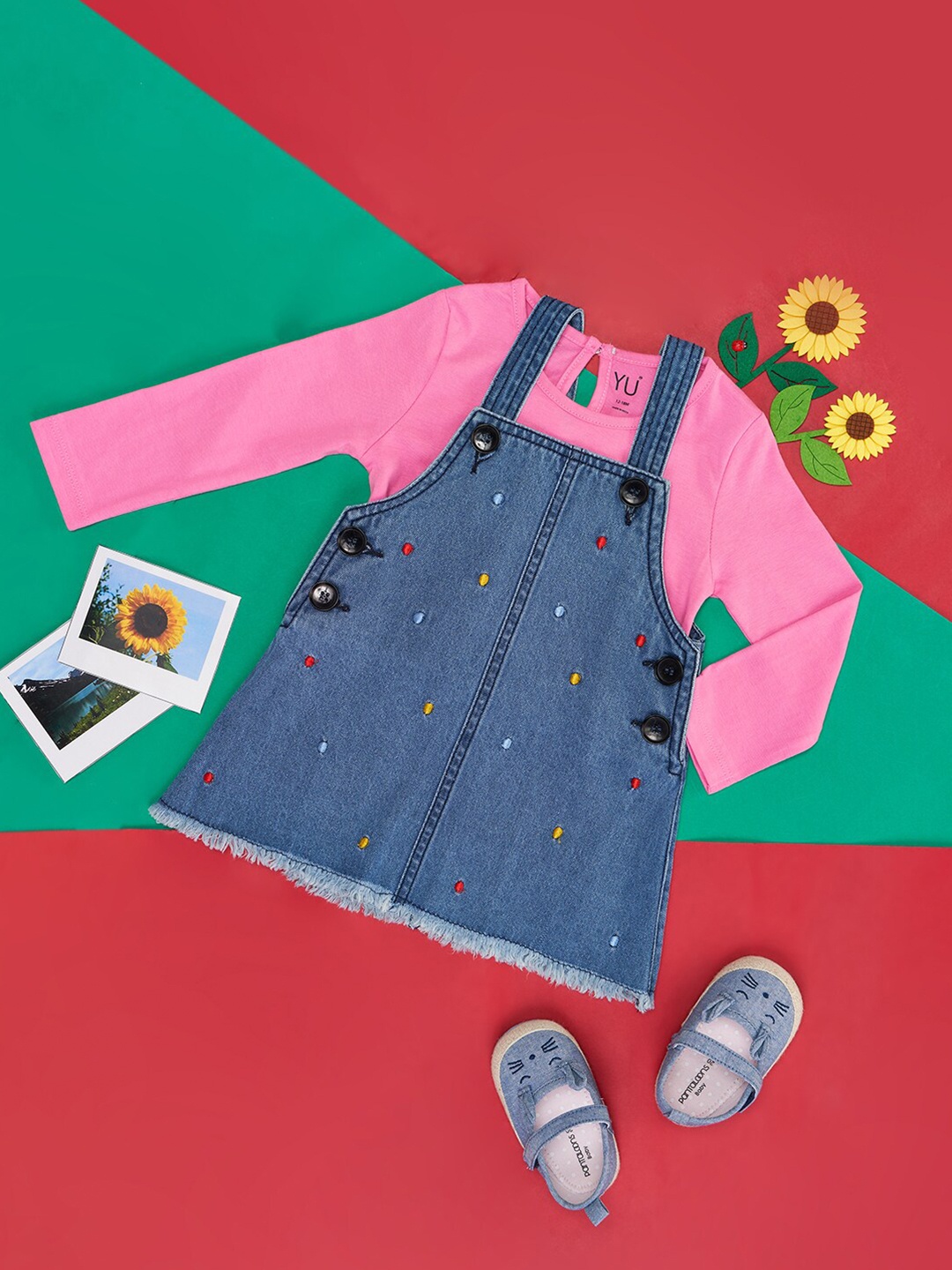 

YU by Pantaloons Embroidered Pure Cotton Dungaree With T-Shirt, Blue