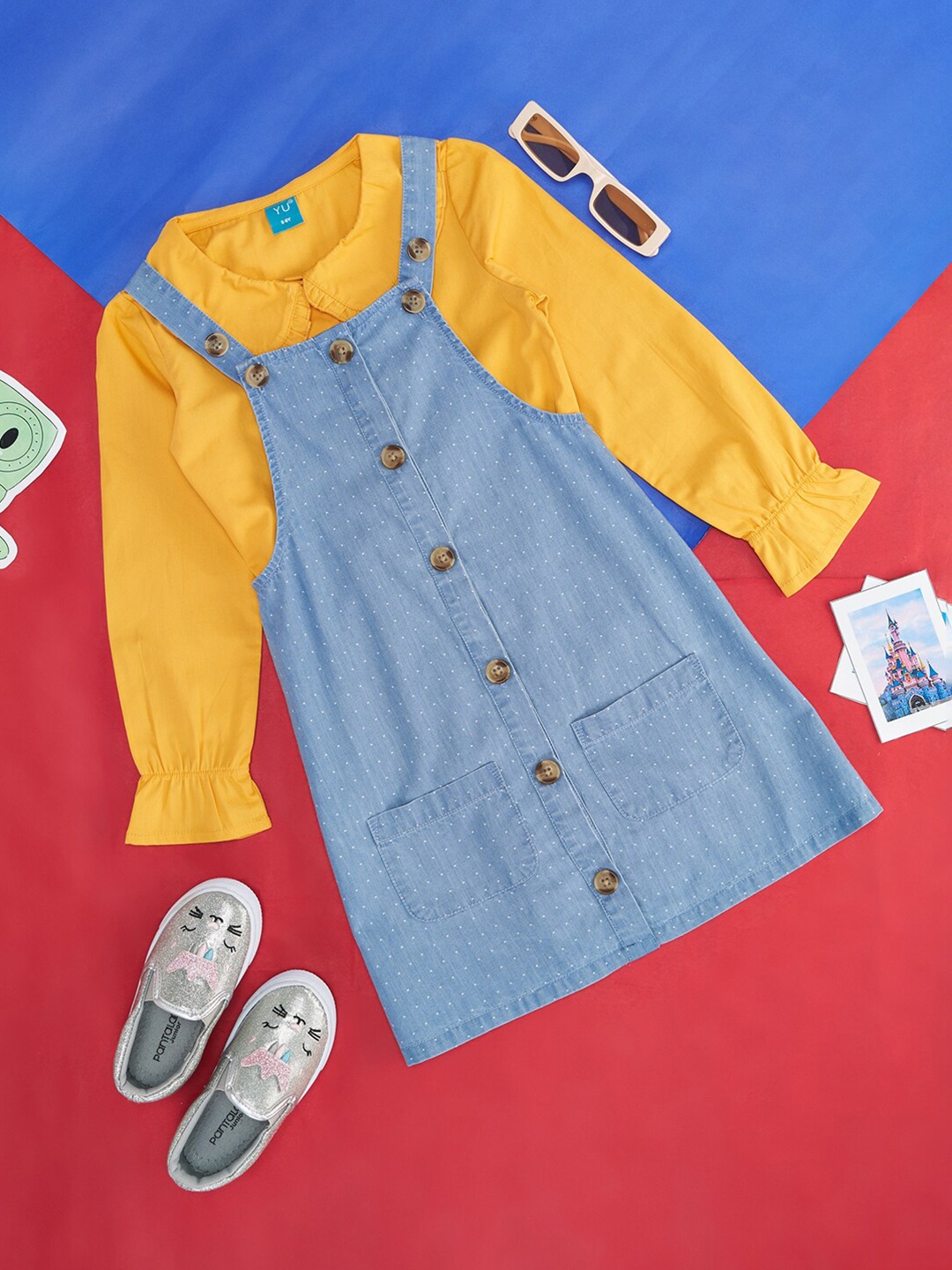 

YU by Pantaloons Girls Pure Cotton Denim Dungarees With T-Shirt, Blue