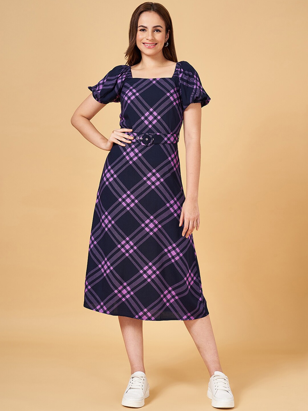 

Honey by Pantaloons Checked A-Line Midi Dress, Navy blue