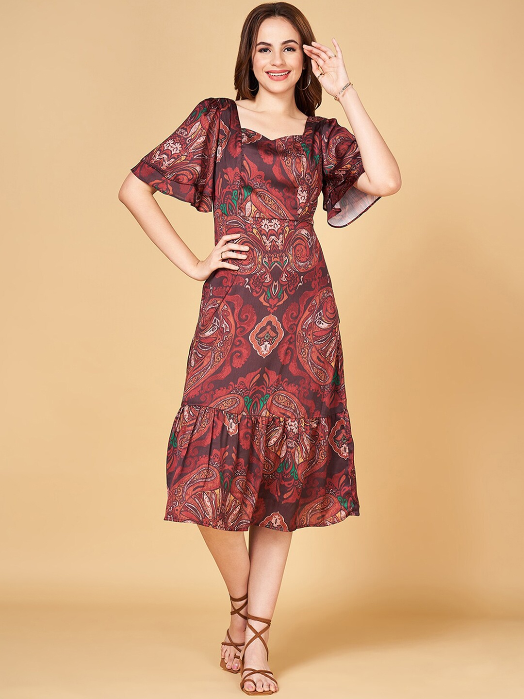 

Honey by Pantaloons Ethnic Motifs Printed Flared Sleeve A-Line Midi Dress, Brown