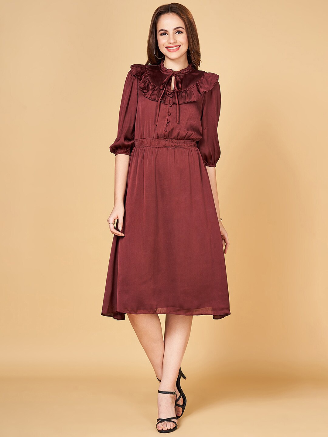 

Honey by Pantaloons Puff Sleeves Tie-Up Neck A-Line Dress, Brown