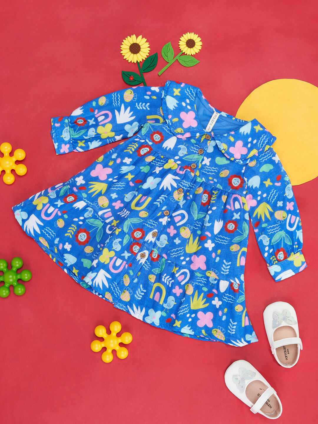 

Pantaloons Baby Infants Girls Floral Printed Peter Pan Collar Fit & Flare Dress, Blue