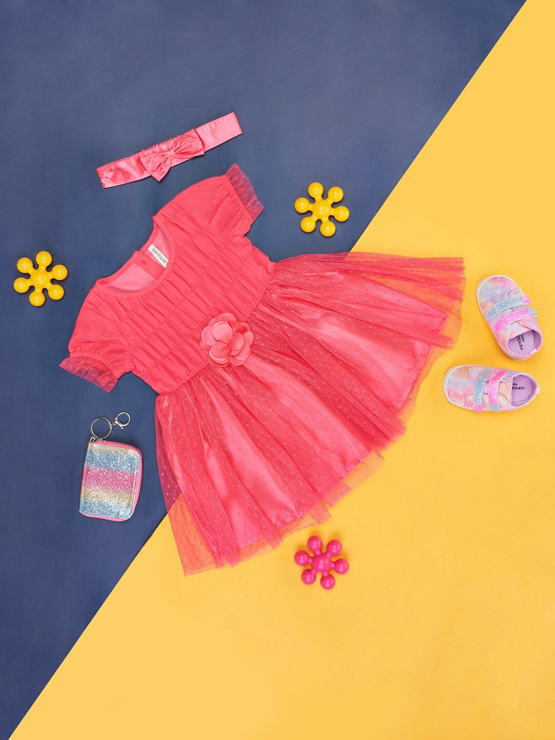 

Pantaloons Baby Infants Girls Self Design Puff Sleeves Cotton Fit and Flare Dress, Coral
