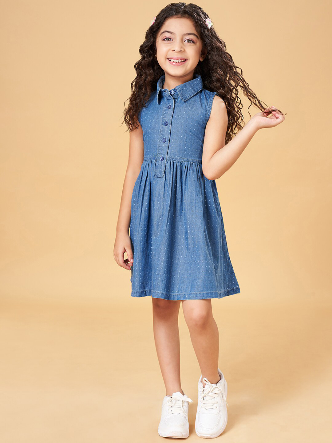 

YU by Pantaloons Girls Polka Dots Printed Shirt Collar Fit & Flare Dress, Blue