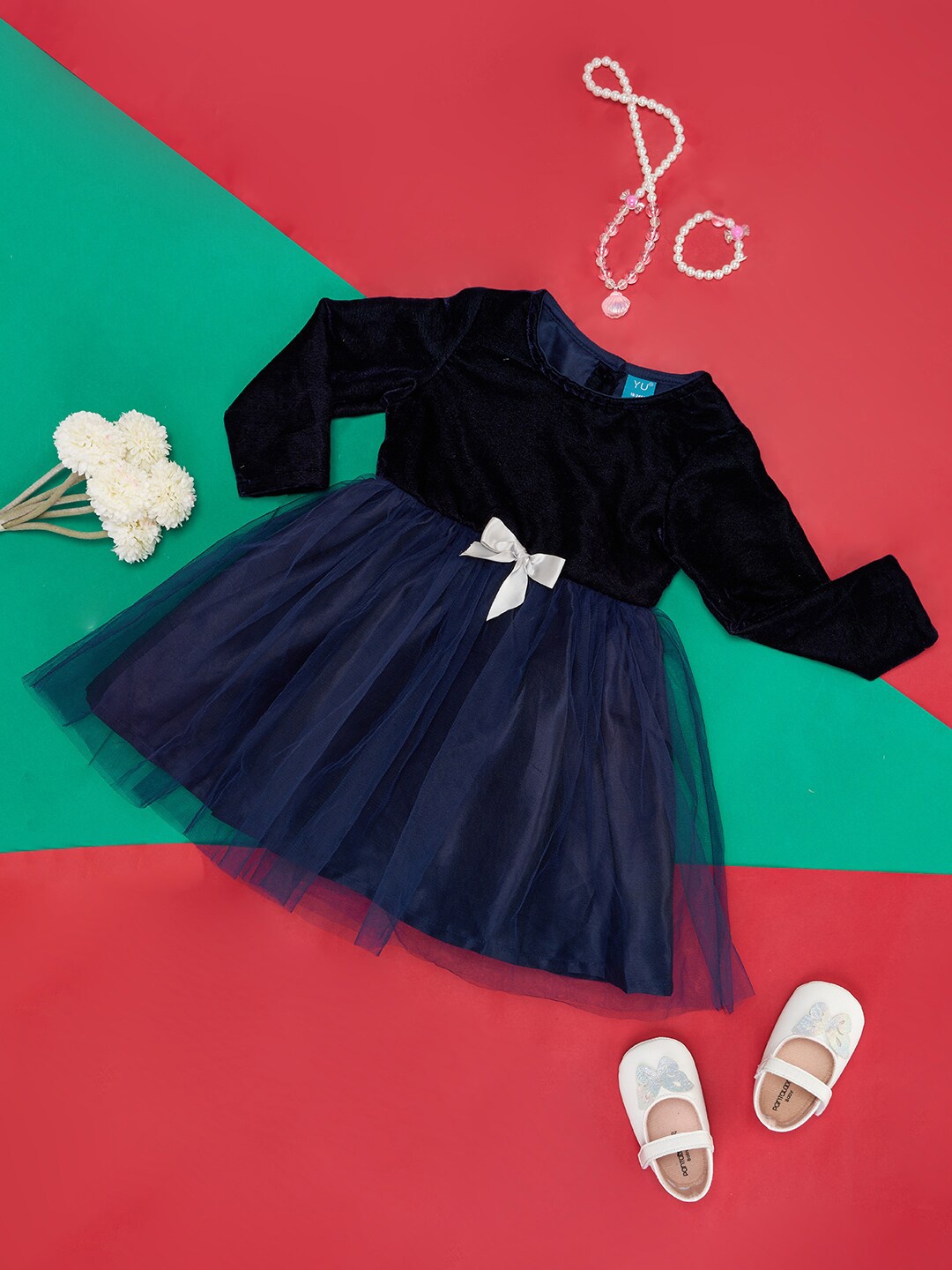 

YU by Pantaloons Infant Girls Round Neck Fit & Flare Dress, Navy blue
