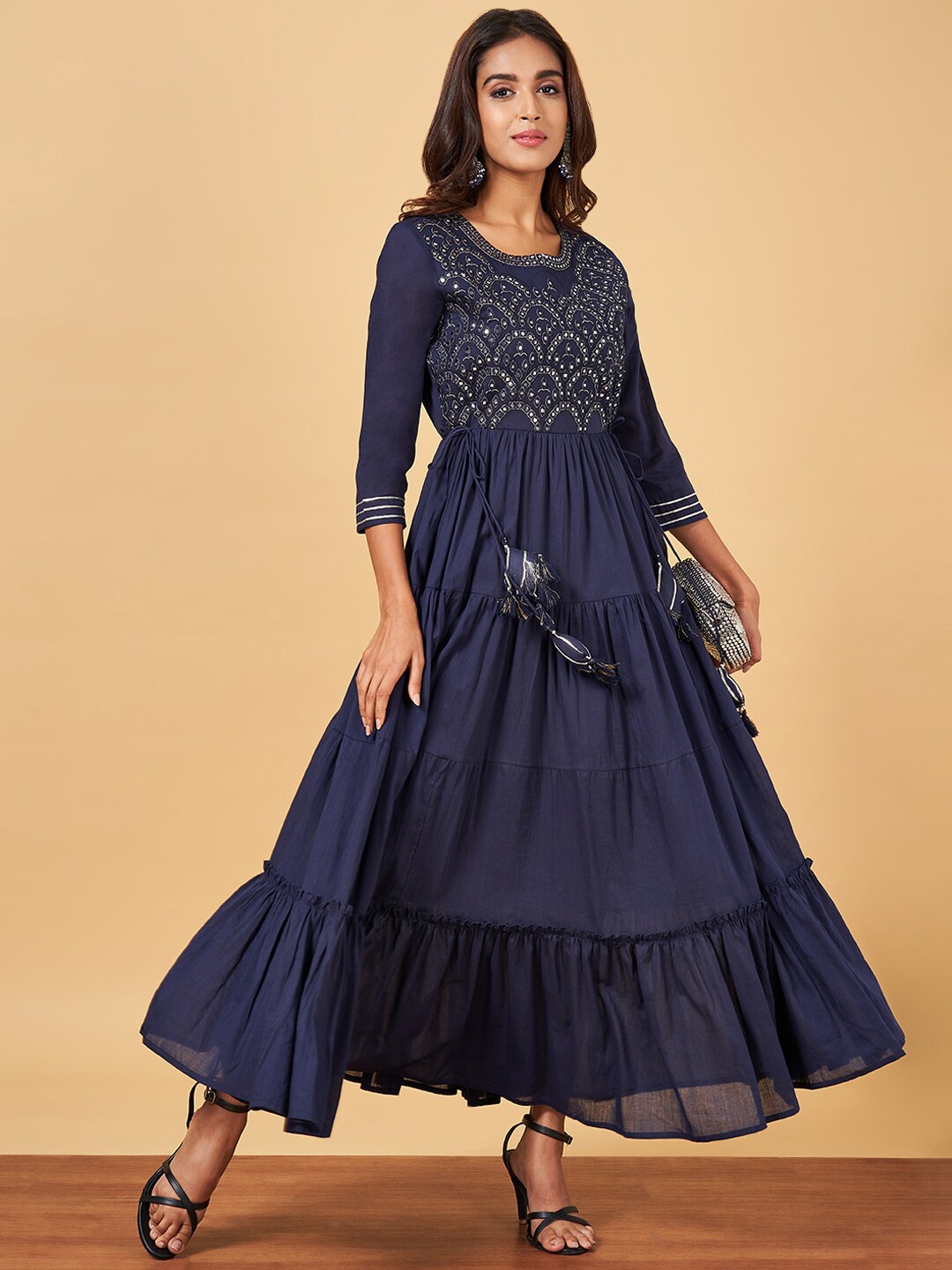 

YU by Pantaloons Embellished Pure Cotton Fit & Flare Maxi Ethnic Dresses, Navy blue