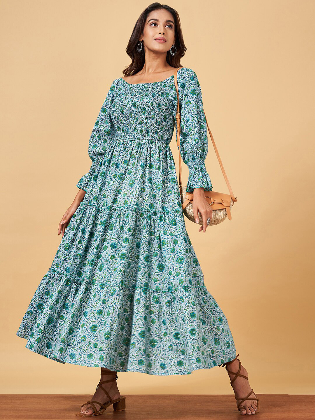 

YU by Pantaloons Floral Printed Puff Sleeve Pure Cotton Fit & Flare Maxi Ethnic Dresses, Blue