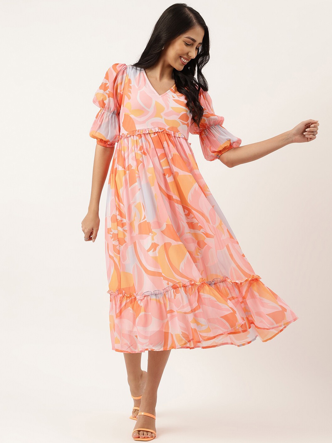 

Masakali.Co Abstract Printed Puff Sleeve Empire Midi Dress, Peach