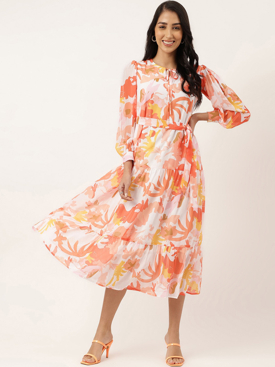 

Masakali.Co Tropical Printed Puff Sleeves Georgette Fit & Flare Midi Dress, White