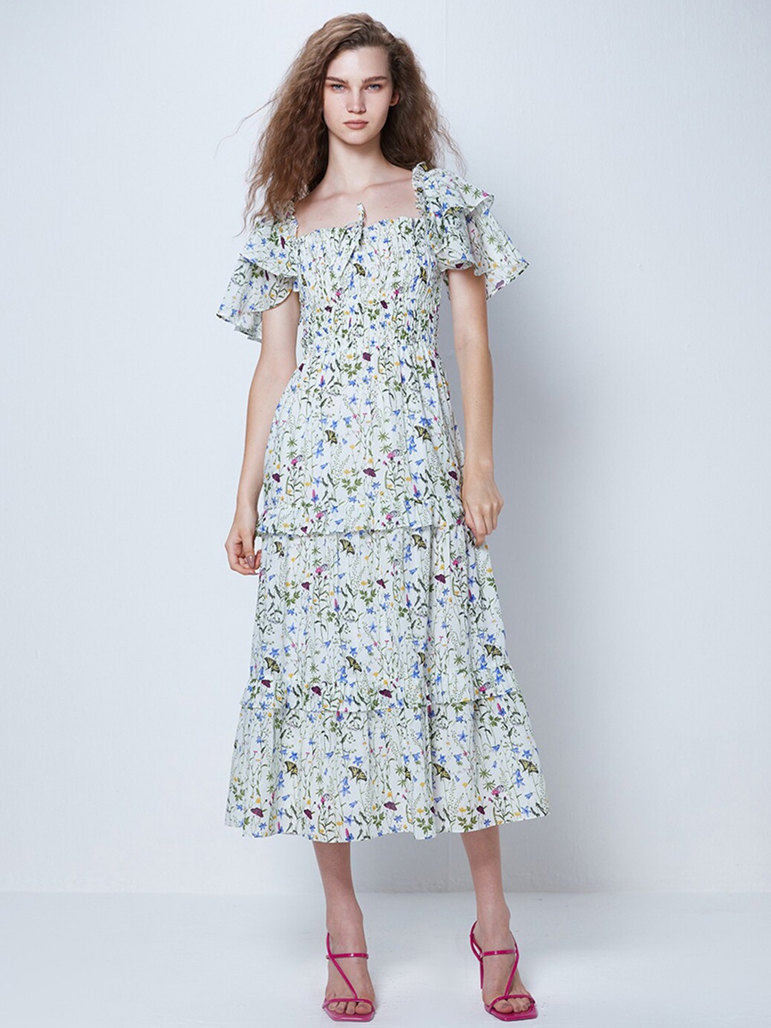 

COVER STORY White Floral Printed Flutter Sleeves Smocked Cotton Fit & Flare Midi Dress