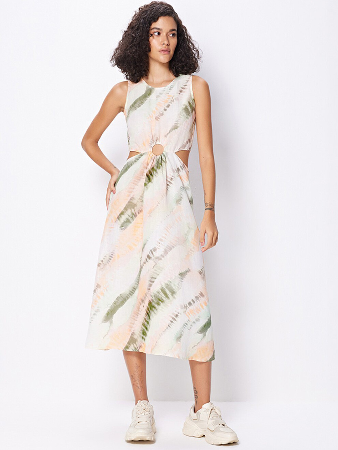 

COVER STORY Beige Tie & Dye Cut-Out Detailed A-Line Midi Dress