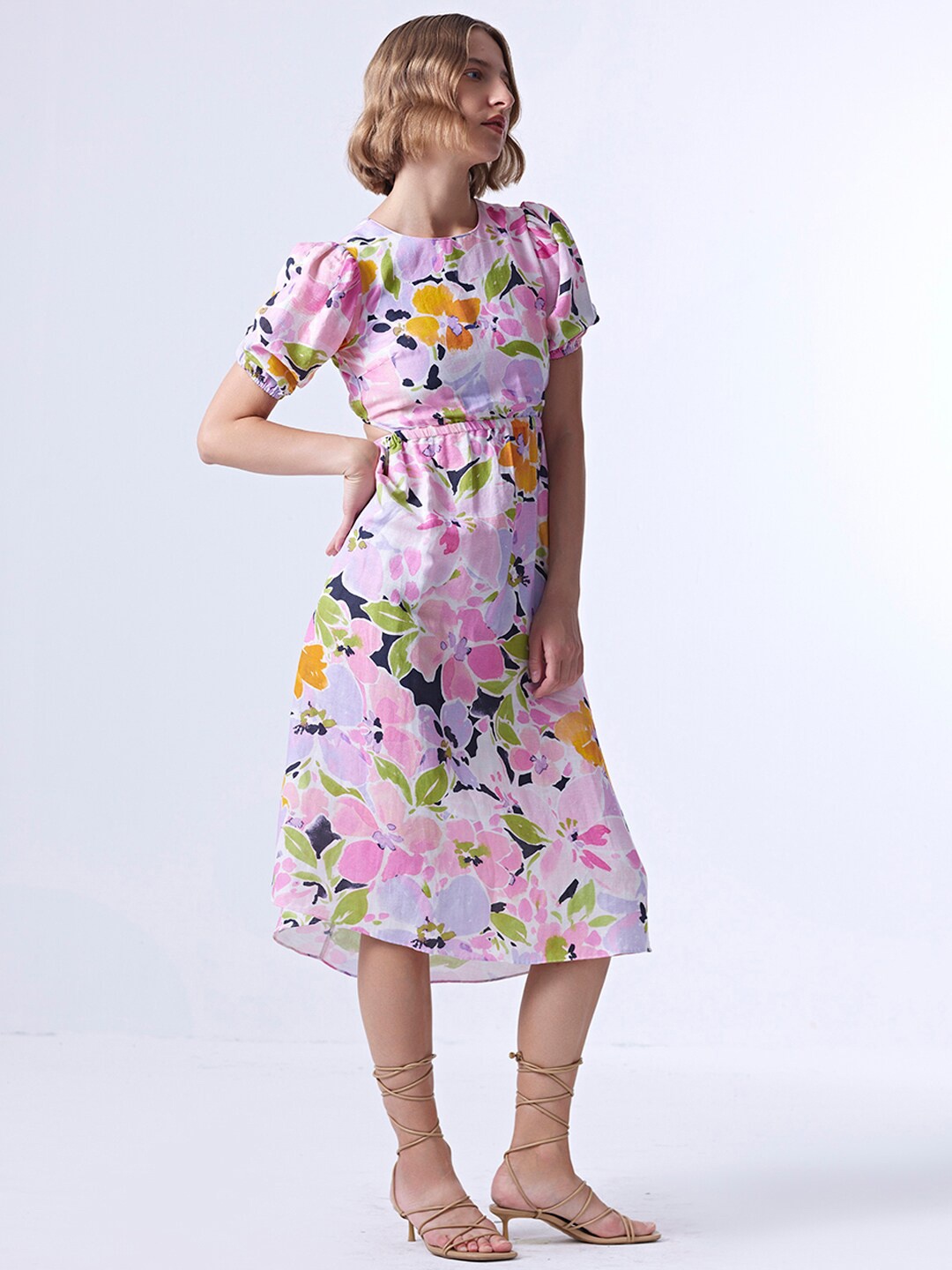 

COVER STORY Pink Floral Printed Puff Sleeves Cut-Out Detailed Fit & Flare Midi Dress