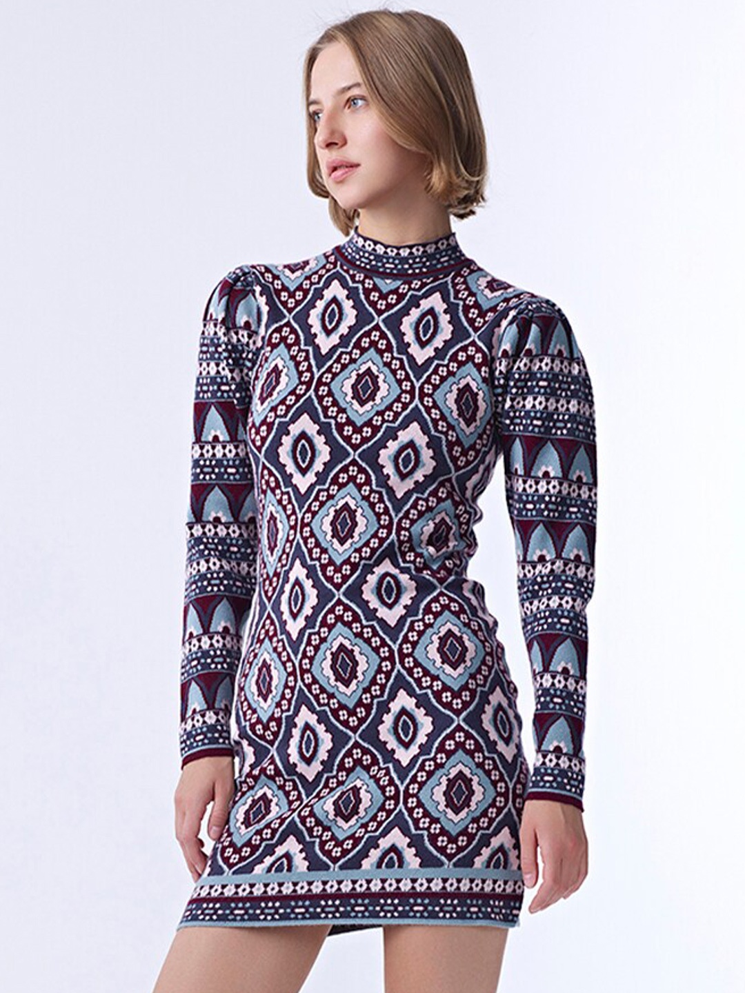 

COVER STORY Grey Ethnic Motifs Printed High Neck Jacquard Sheath Dress