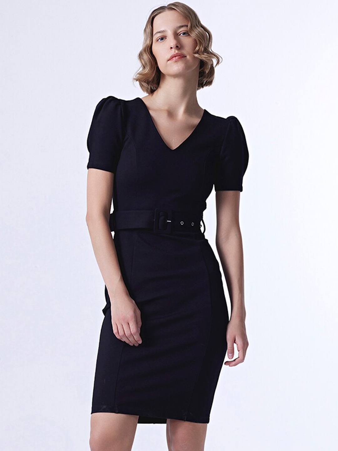 

COVER STORY Black Puff Sleeves V-Neck Belted Bodycon Dress