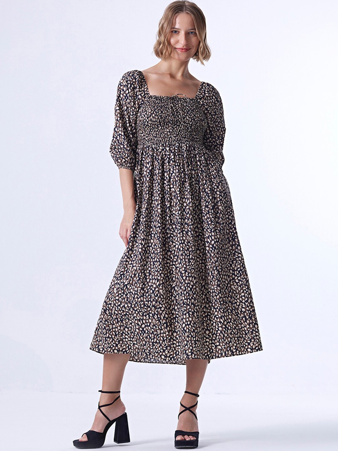 

COVER STORY Brown Animal Printed Smocked Square Neck Puff Sleeves Fit & Flare Midi Dress