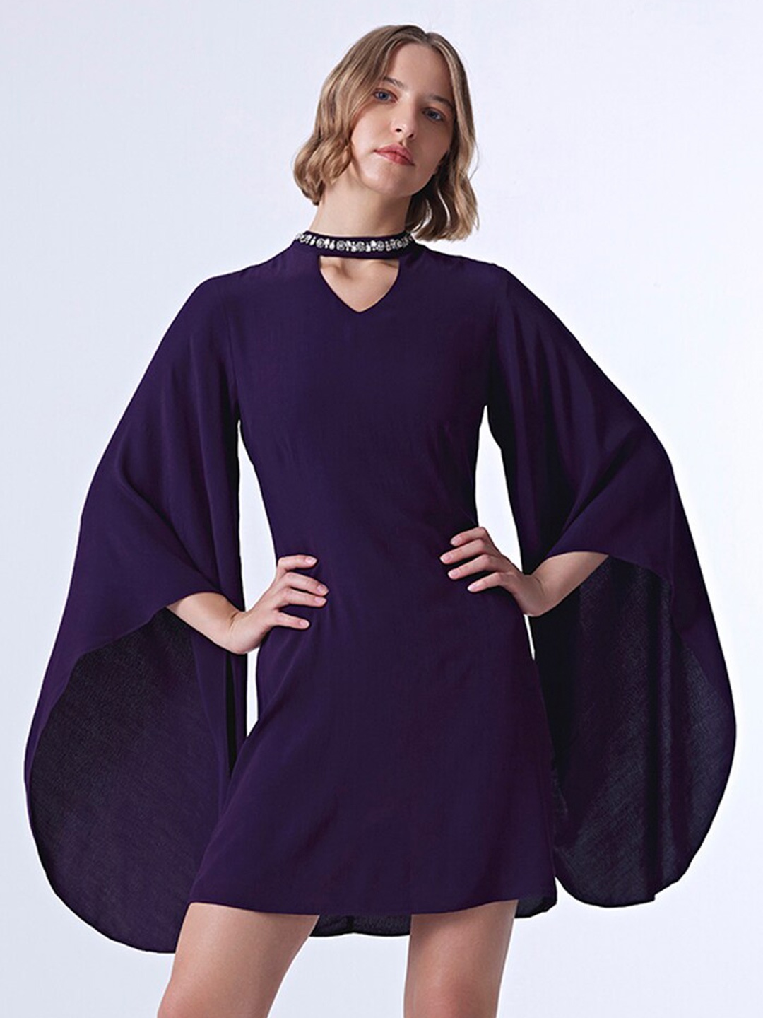

COVER STORY Purple Embellished Detail Choker Neck Cape Sleeves A-Line Mini Dress