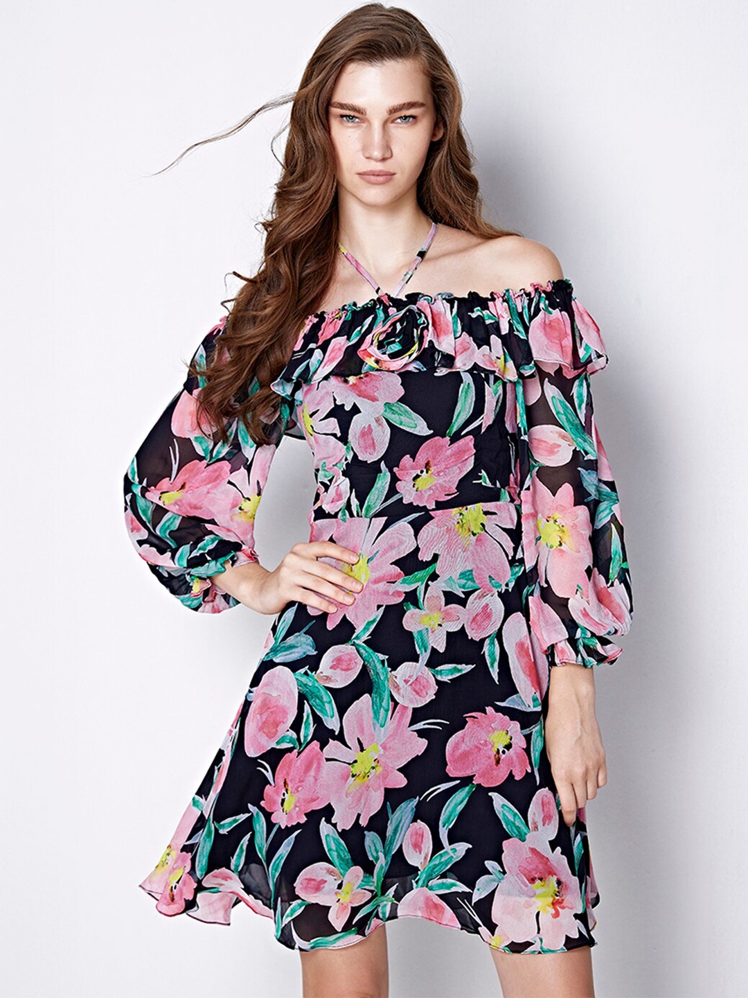 

COVER STORY Floral Printed Off-Shoulder Puff Sleeve Fit & Flare Dress, Black