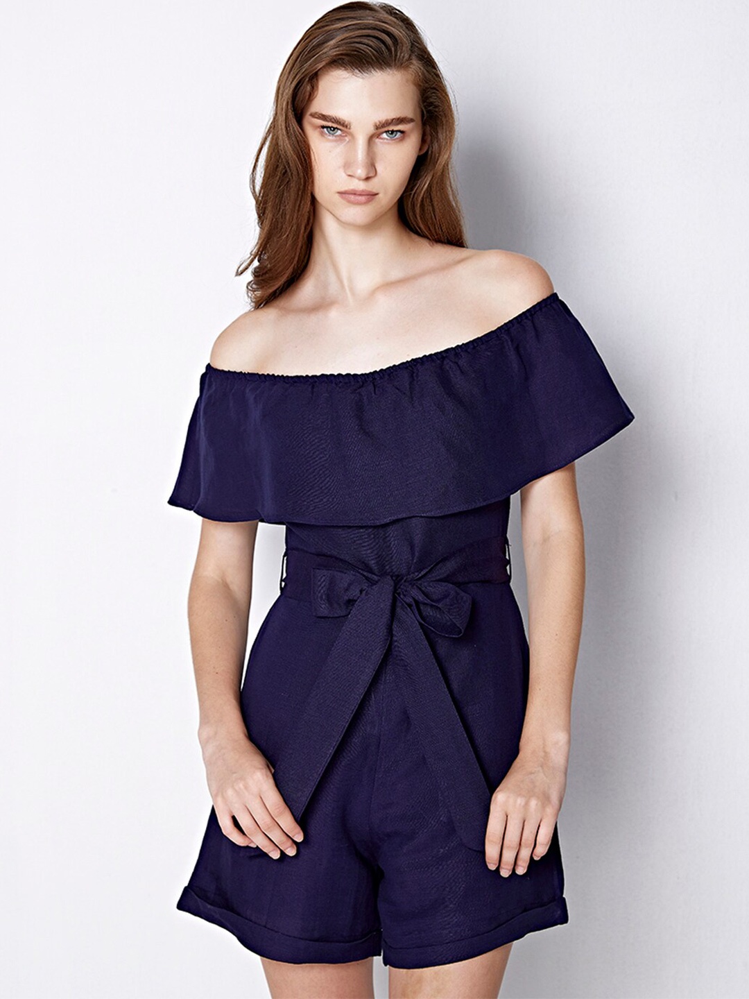 

COVER STORY Off-Shoulder Waist Tie-Ups Playsuit, Navy blue