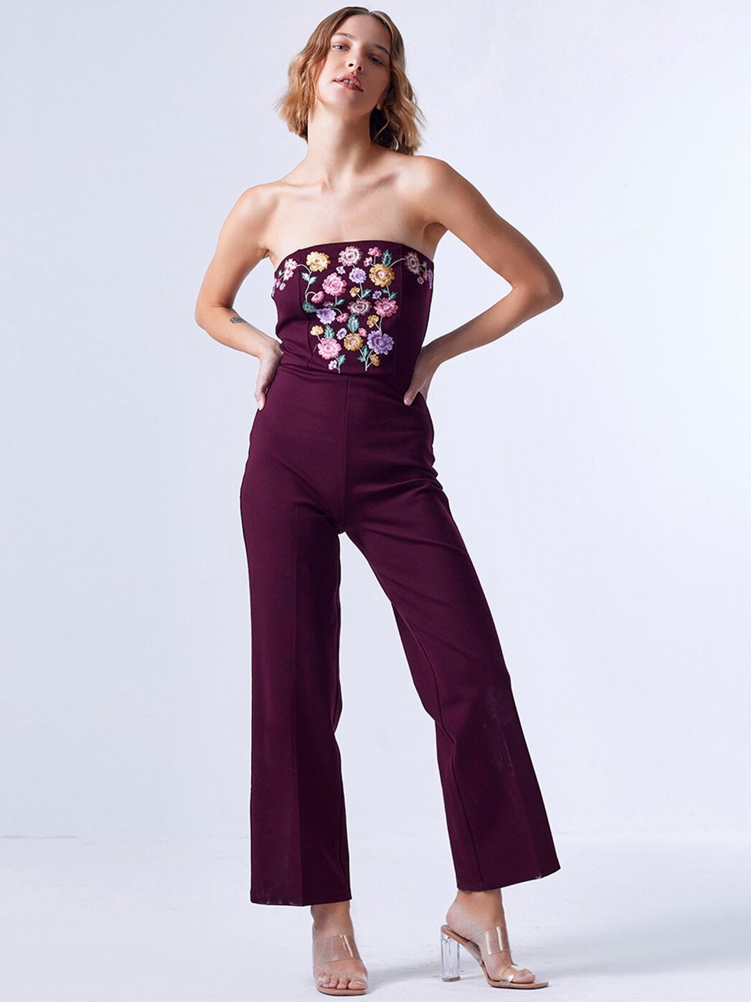 

COVER STORY Floral Embroidered Strapless Basic Jumpsuit, Maroon