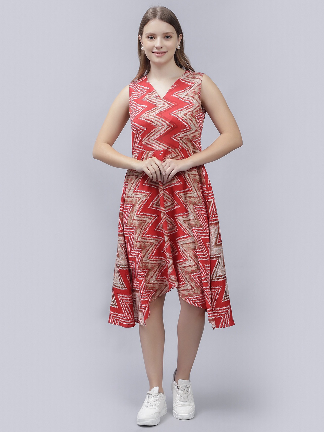 

ENTELLUS Geometric Print Fit & Flare Midi Dress, Red