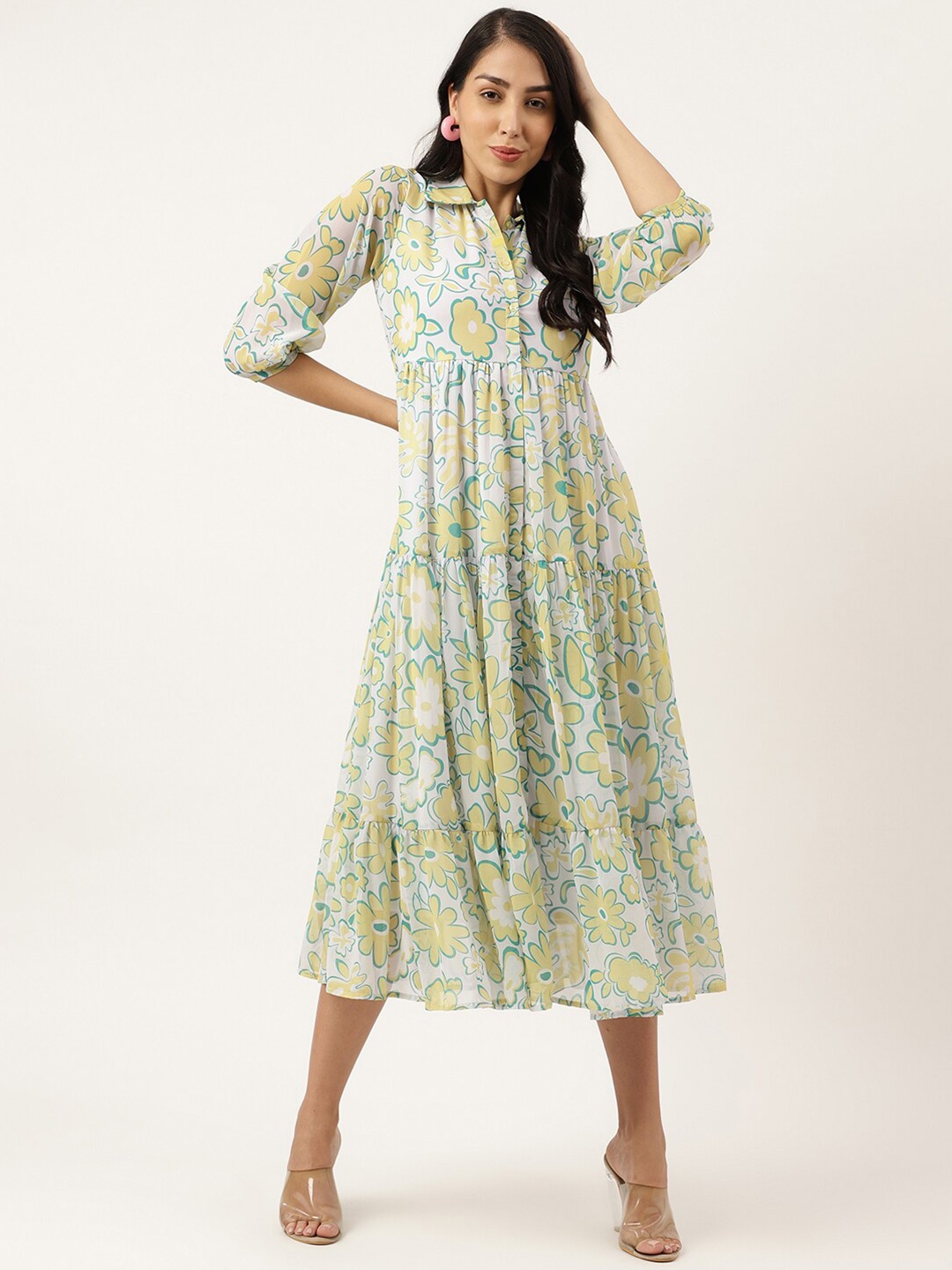 

Masakali.Co Floral Printed Tiered Georgette A-Line Midi Dress, White
