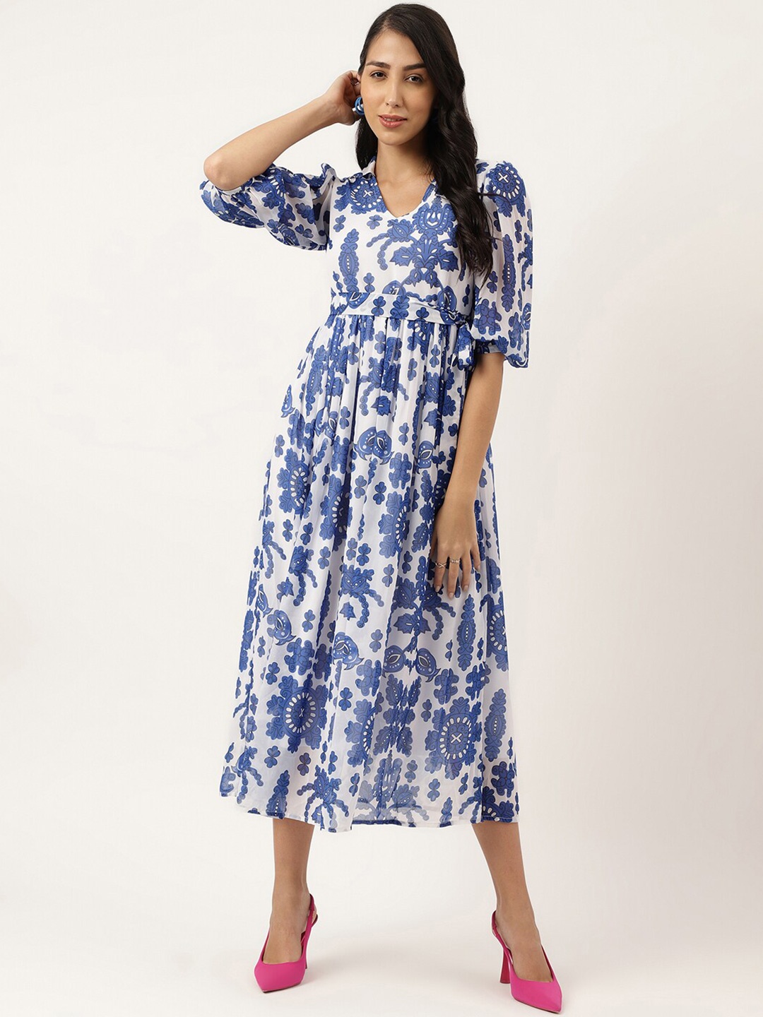 

Masakali.Co Ethnic Motif Printed Puff Sleeves Georgette A-Line Midi Dress, White