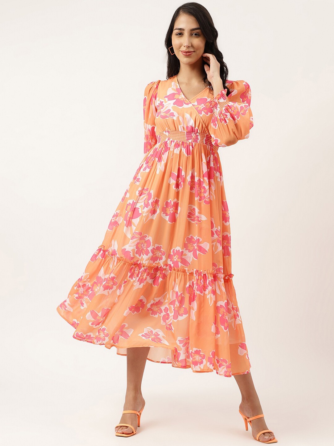 

Masakali.Co Floral Printed Puff Sleeves Gathered Georgette Fit & Flare Midi Dress, Orange
