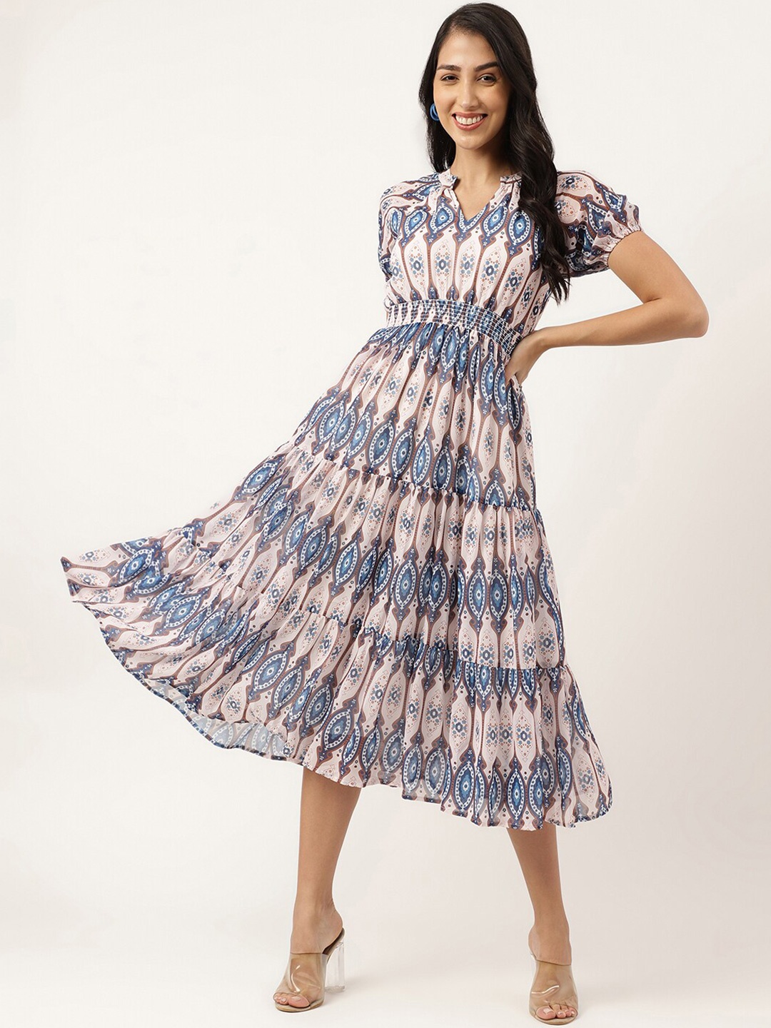 

Masakali.Co Ethnic Motifs Printed Mandarin Collar Georgette Fit & Flare Midi Dress, White