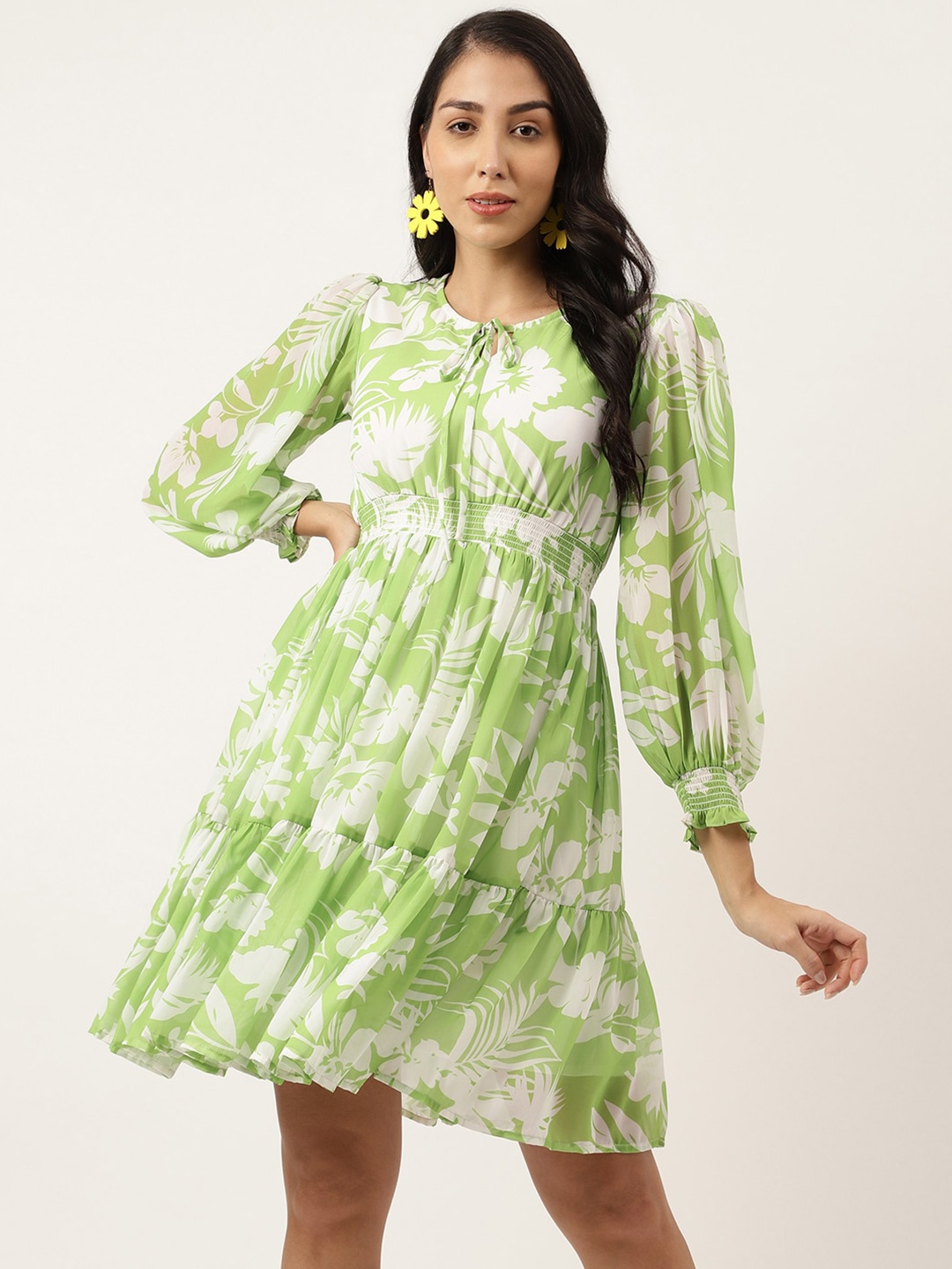 Masakali.Co Floral Printed Tie-Up Neck Gathered Georgette A-Line Dress, Green
