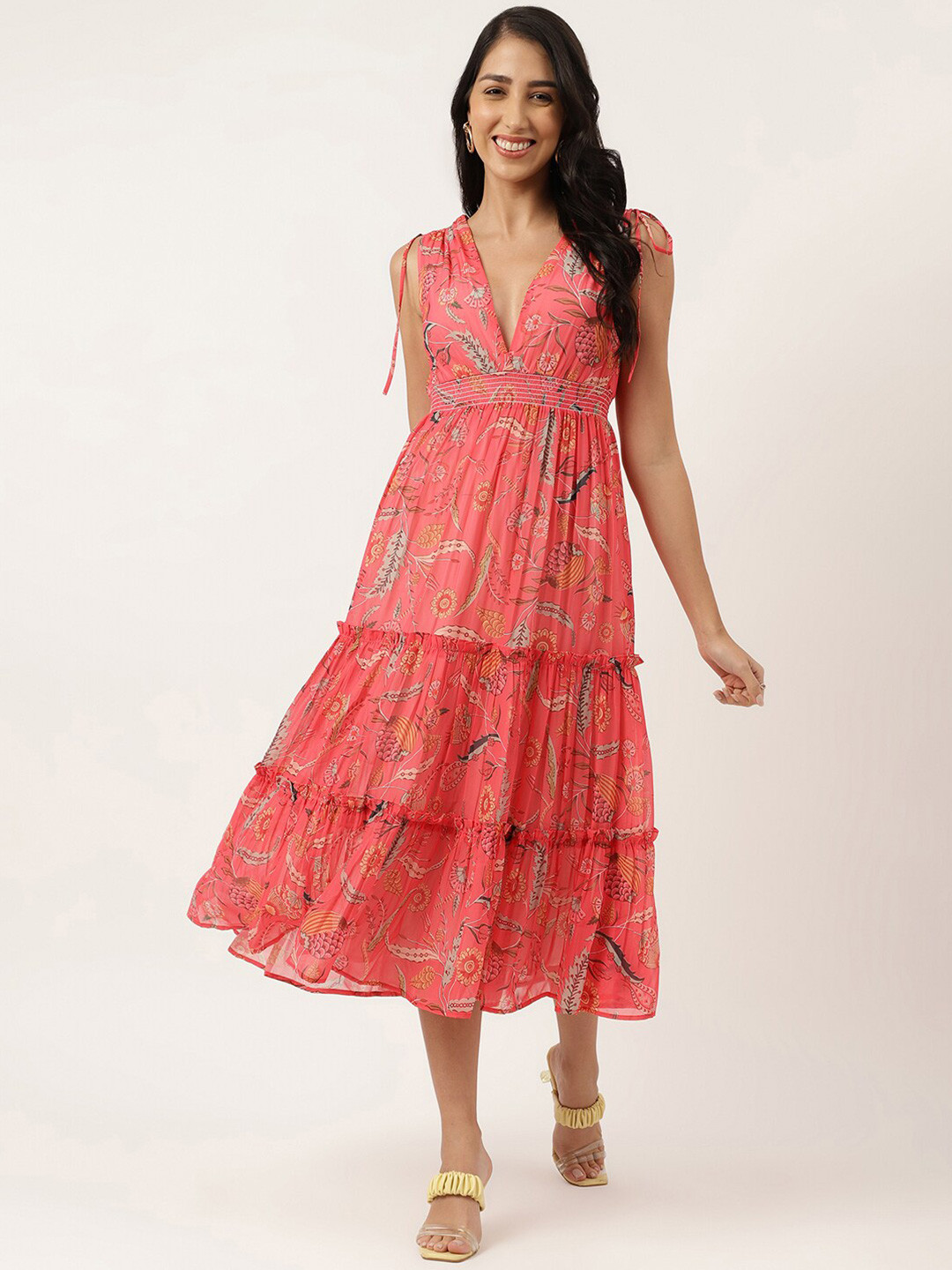 

Masakali.Co Floral Printed Tiered Georgette Fit and Flare Dress, Pink