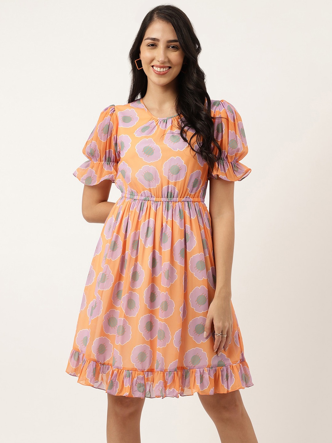 

Masakali.Co Floral Printed Puff Sleeve Georgette Fit & Flare Dress, Orange