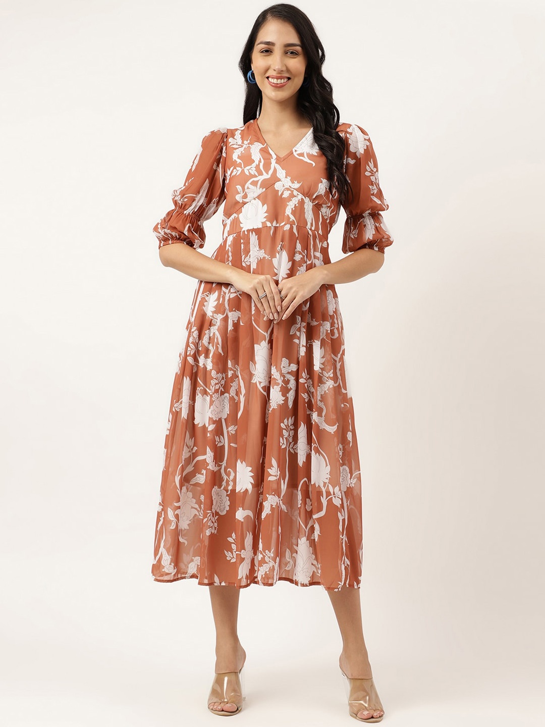 

Masakali.Co Floral Printed Puff Sleeves Georgette Empire Midi Dress, Brown