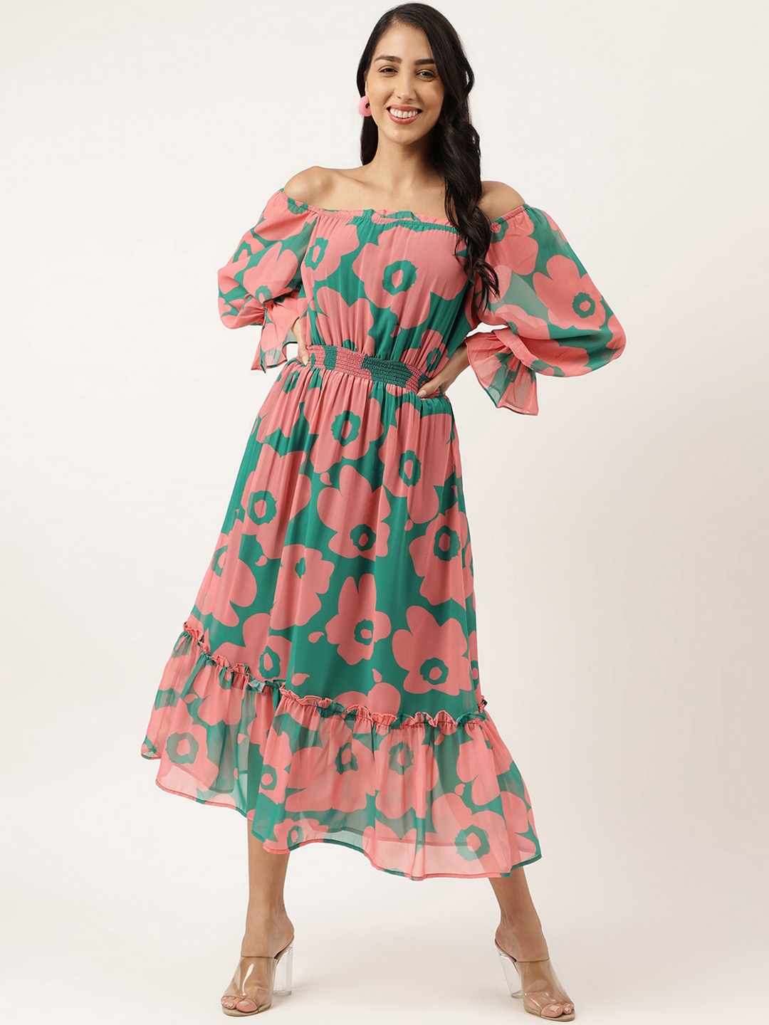 

Masakali.Co Floral Printed Off-Shoulder Gathered Georgette Fit & Flare Midi Dress, Mauve