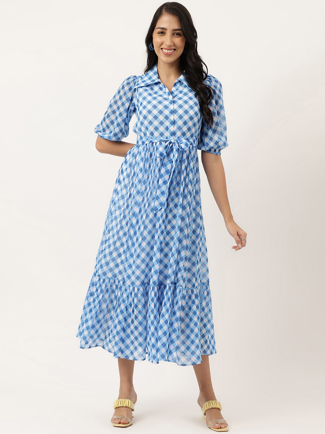 

Masakali.Co Checked Puff Sleeve Georgette Fit & Flare Midi Dress, White