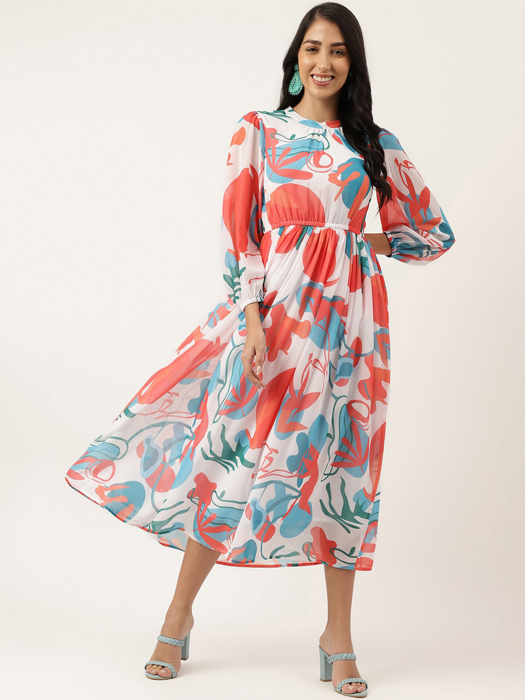 

Masakali.Co Abstract Printed Puff Sleeve Georgette Fit & Flare Midi Dress, White