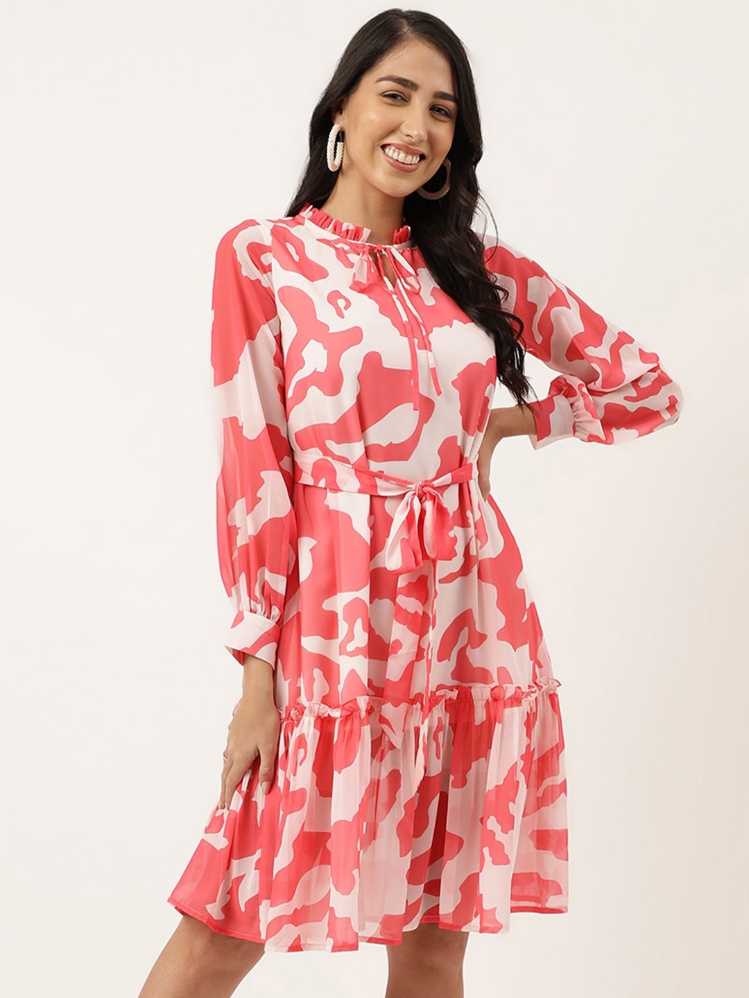 

Masakali.Co Abstract Printed Puff Sleeve Georgette A-Line Dress, Pink
