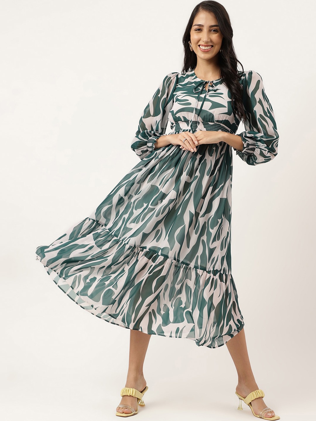 

Masakali.Co Abstract Printed Puff Sleeves Gathered Georgette Fit & Flare Midi Dress, Green