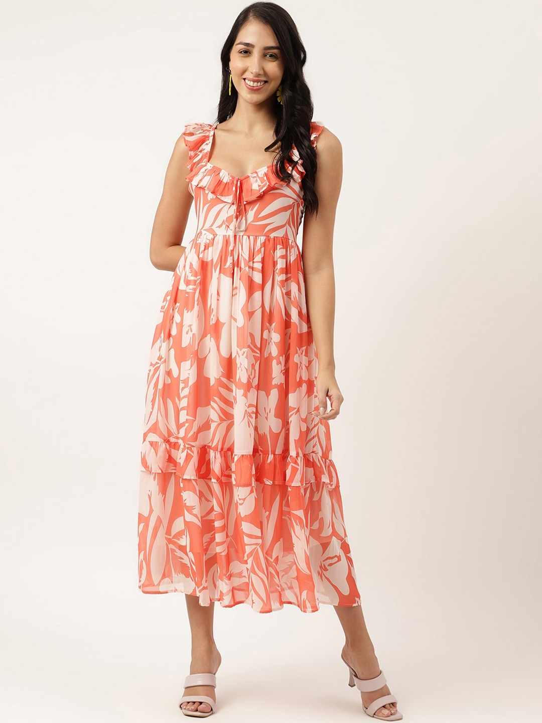 

Masakali.Co Floral Print Ruffled Georgette Fit & Flare Midi Dress, Orange