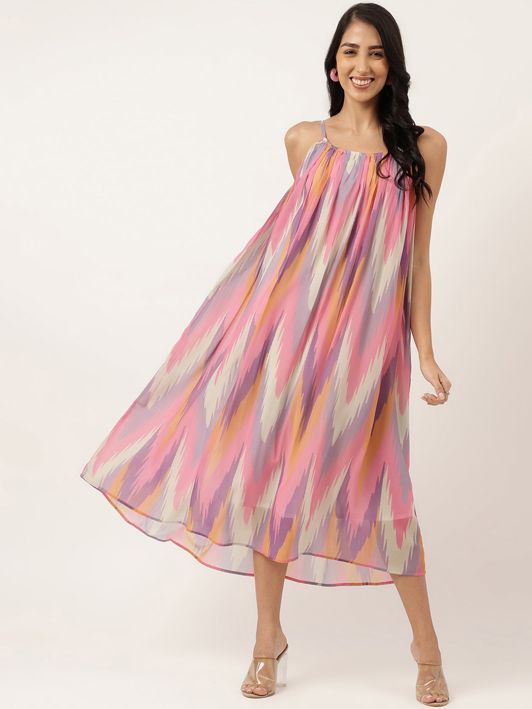 

Masakali.Co Geometric Printed A-Line Midi Dress, Pink