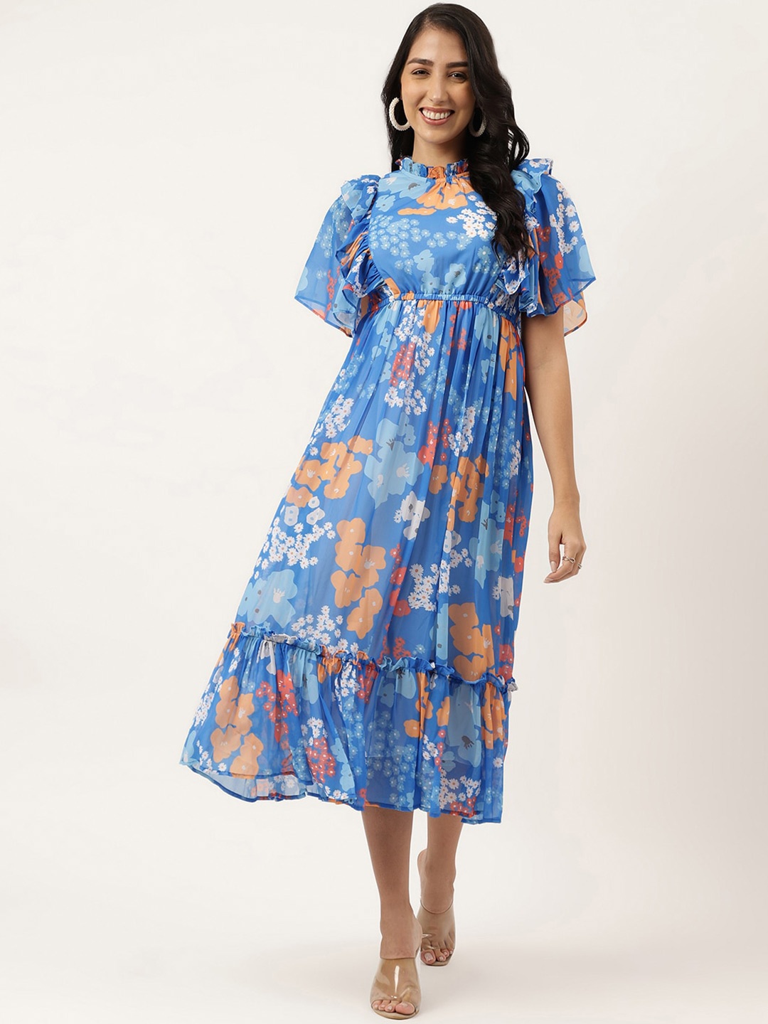 

Masakali.Co Floral Printed Flared Sleeve Gathered Georgette Fit and Flare Midi Dress, Blue