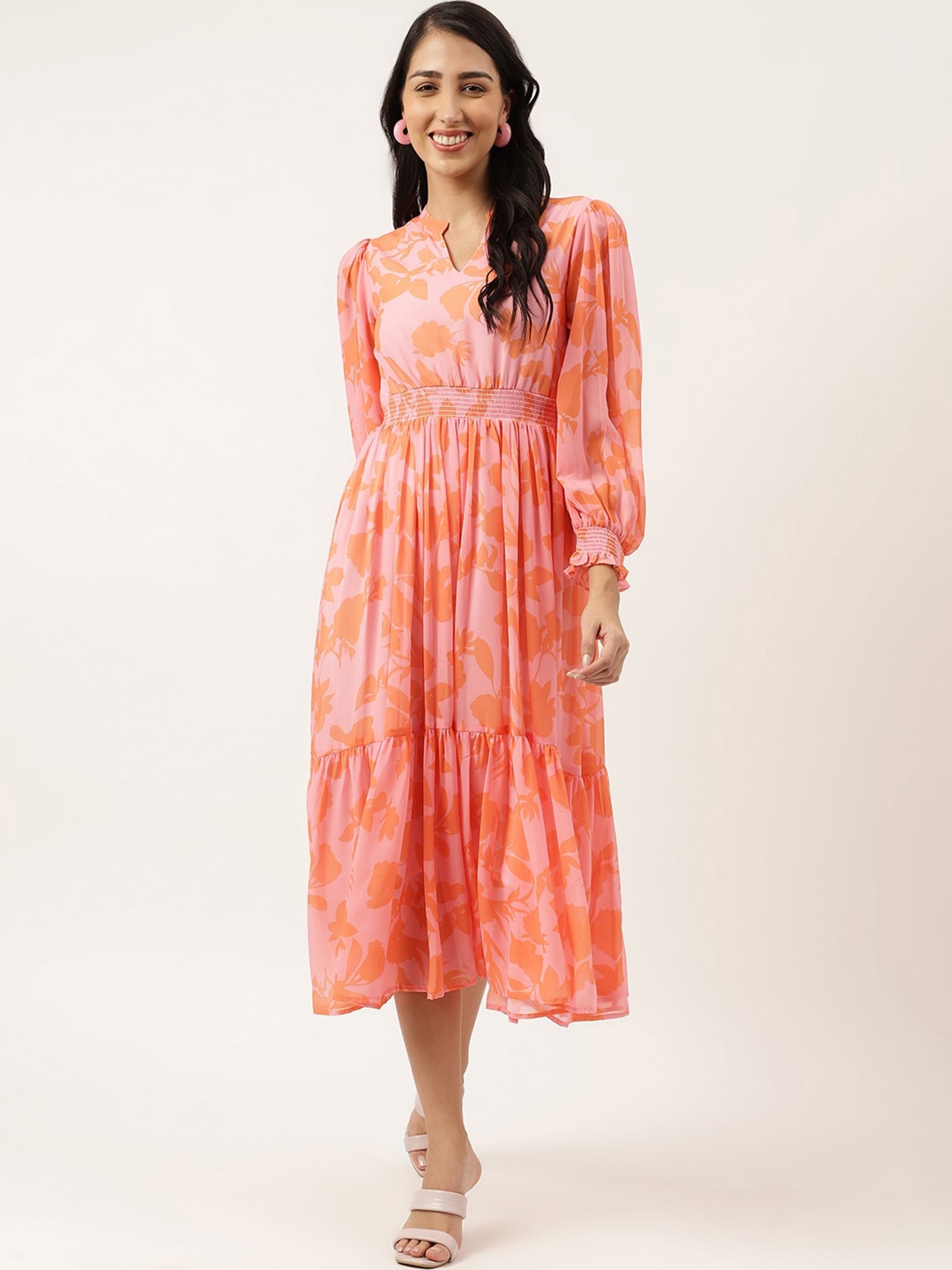 

Masakali.Co Floral Printed Puff Sleeve Fit & Flare Midi Dress, Pink