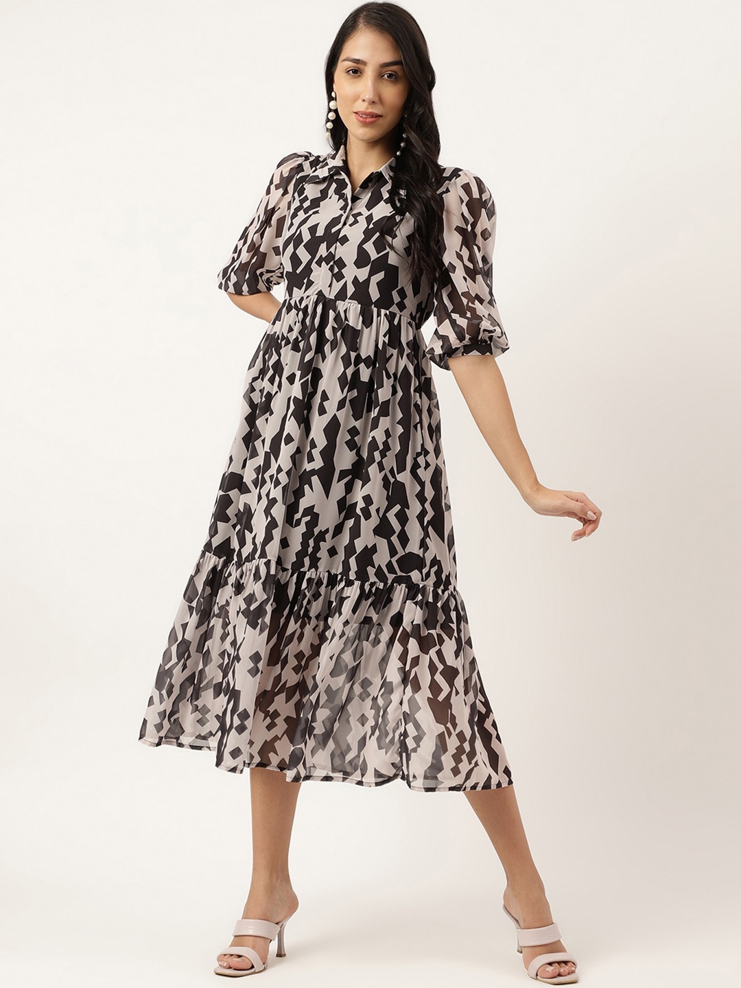 

Masakali.Co Geometric Printed Puff Sleeve Georgette Fit & Flare Midi Dress, Black