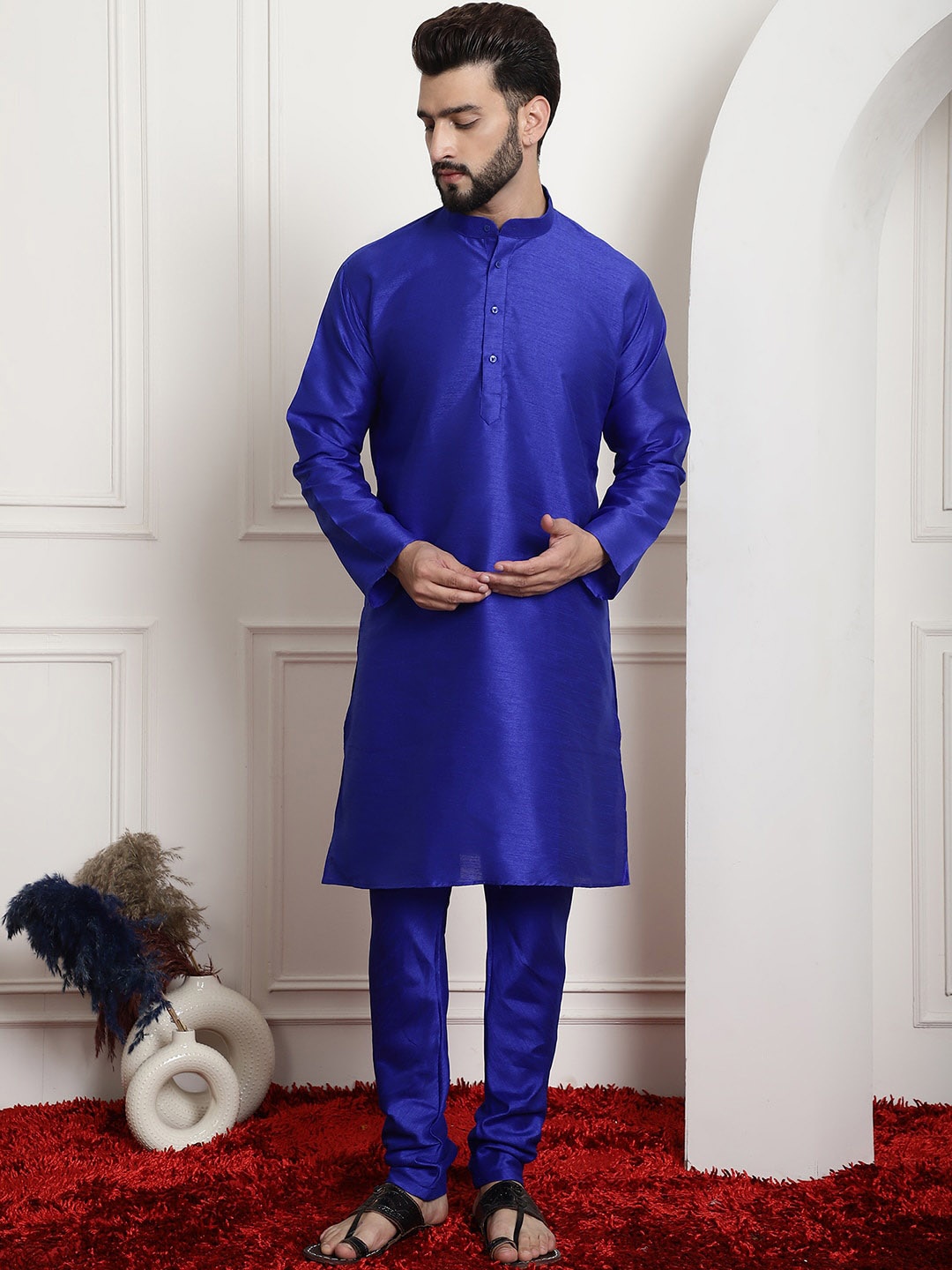 

Armaan Ethnic Mandarin Collar Dupion Silk Kurta With Churidar, Navy blue