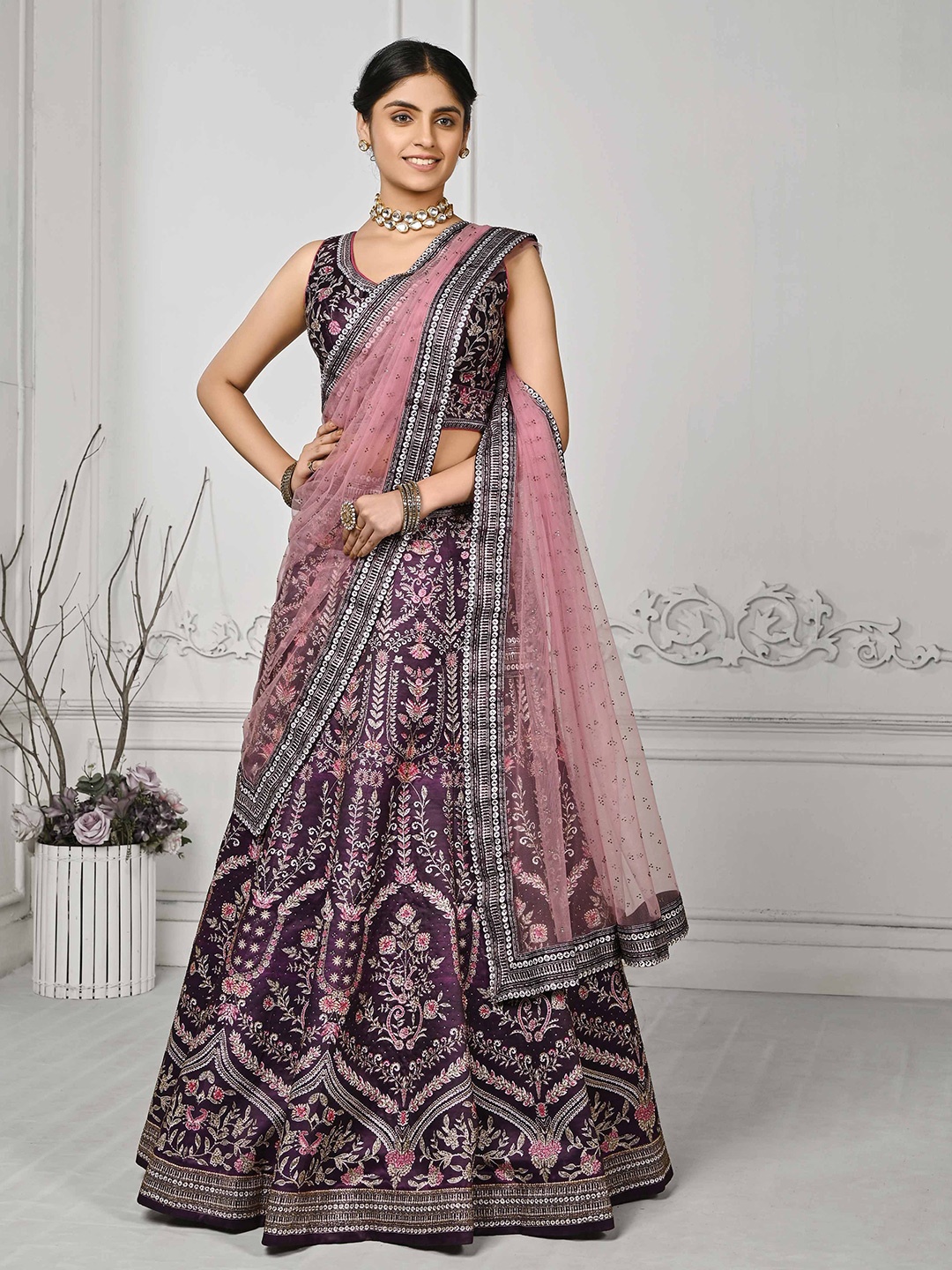 

SAPTRANGI Embroidered Thread Work Semi-Stitched Lehenga & Unstitched Blouse With Dupatta, Purple